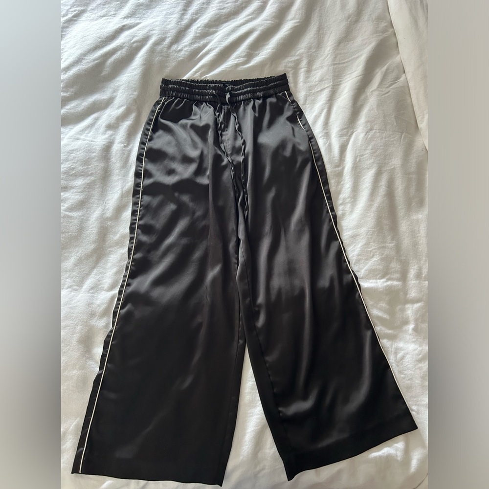 Zara black pants, satin-like with white stripe